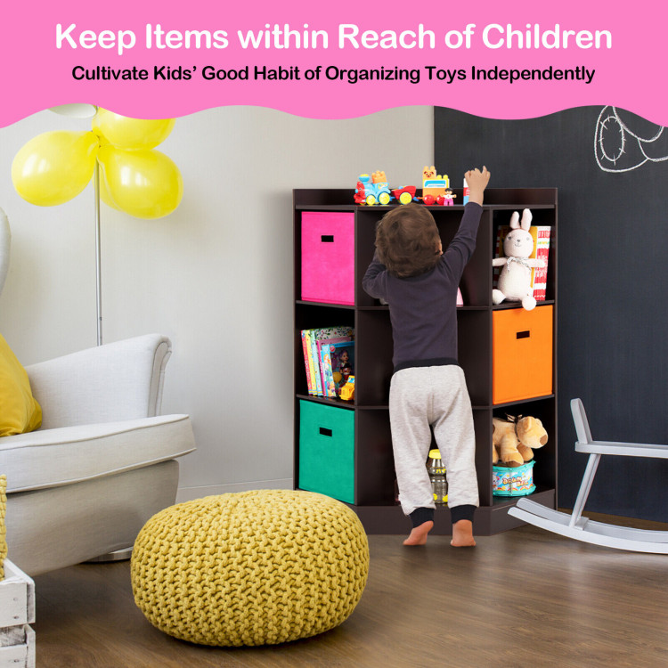 3-Tier Kids Storage Shelf Corner Cabinet with 3 Baskets-BrownCostway Gallery View 9 of 10